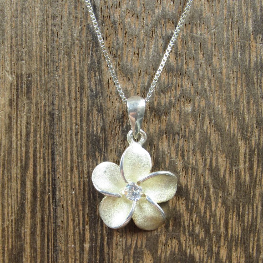 16" Sterling Silver Single Cubic Zirconia Flower Pendant Necklace Vintage